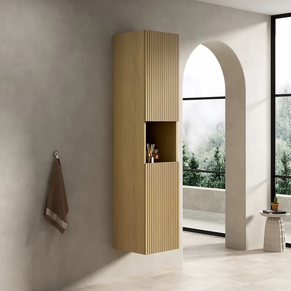 ProximaX Armoire murale salle de bain 160 cm, meuble étroit avec 2 portes et 1 compartiment ouvert, finition bois Corolla