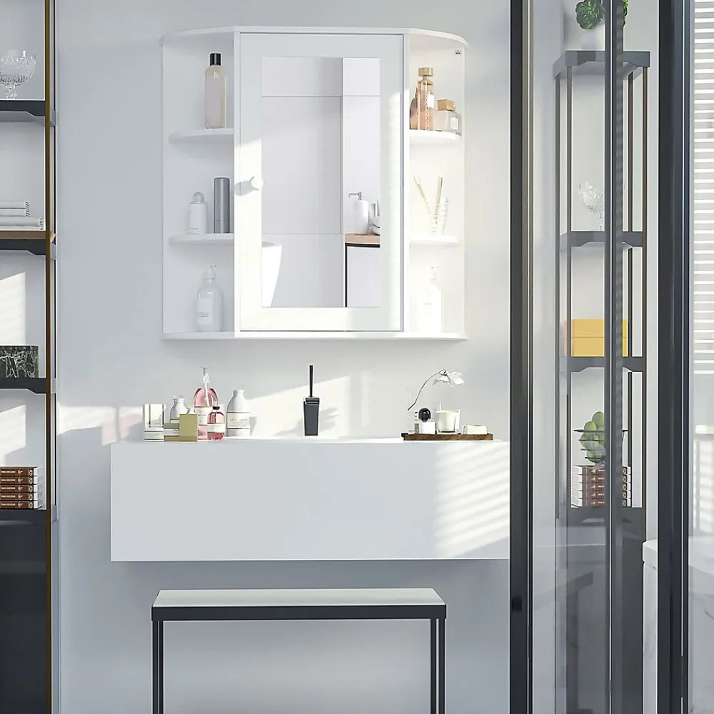 Etagère Salle De Bains|ProximaX Armoire murale salle de bain blanche avec miroir, 8 compartiments, meuble suspendu multifonction, 66 x 17 x 63 cm