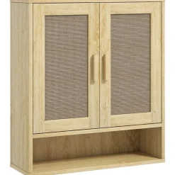 Homcom Armoire murale salle de bain WC style bohème - 2 portes, étagère, niche - effet rotin bois clair