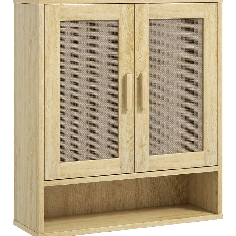 Homcom Armoire murale salle de bain WC style bohème - 2 portes, étagère, niche - effet rotin bois clair