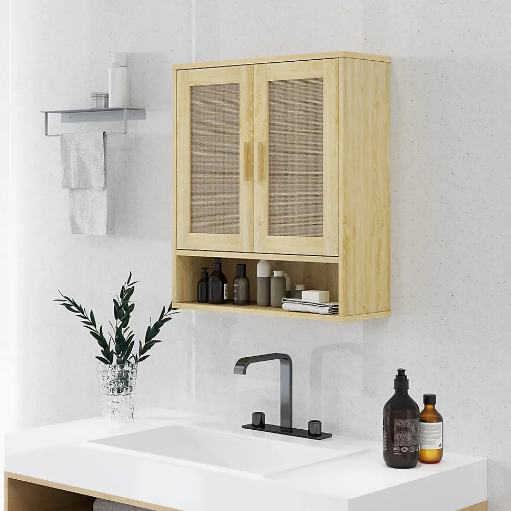 Homcom Armoire murale salle de bain WC style bohème - 2 portes, étagère, niche - effet rotin bois clair