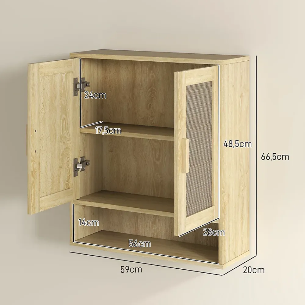 Homcom Armoire murale salle de bain WC style bohème - 2 portes, étagère, niche - effet rotin bois clair