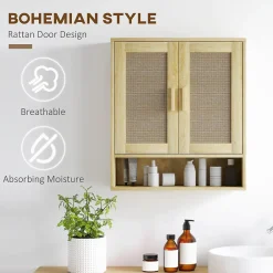 Homcom Armoire murale salle de bain WC style bohème - 2 portes, étagère, niche - effet rotin bois clair
