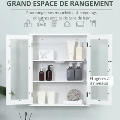 kleankin Armoire murale salle de bain 2 portes vitrées 2 étagères 55 x 20 x 65 cm blanc
