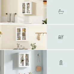 kleankin Armoire murale salle de bain 2 portes vitrées 2 étagères 55 x 20 x 65 cm blanc