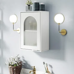 Etagère Salle De Bains|Giantex Armoire Salle de Bain,avec Porte en Verre Trempé Canne, au-Dessus des Toilettes avec Étagère Réglable pour Salon Buanderie, Blanc