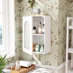 Etagère Salle De Bains|Giantex Armoire Salle de Bain,avec Porte en Verre Trempé Canne, au-Dessus des Toilettes avec Étagère Réglable pour Salon Buanderie, Blanc