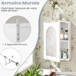 Etagère Salle De Bains|Giantex Armoire Salle de Bain,avec Porte en Verre Trempé Canne, au-Dessus des Toilettes avec Étagère Réglable pour Salon Buanderie, Blanc