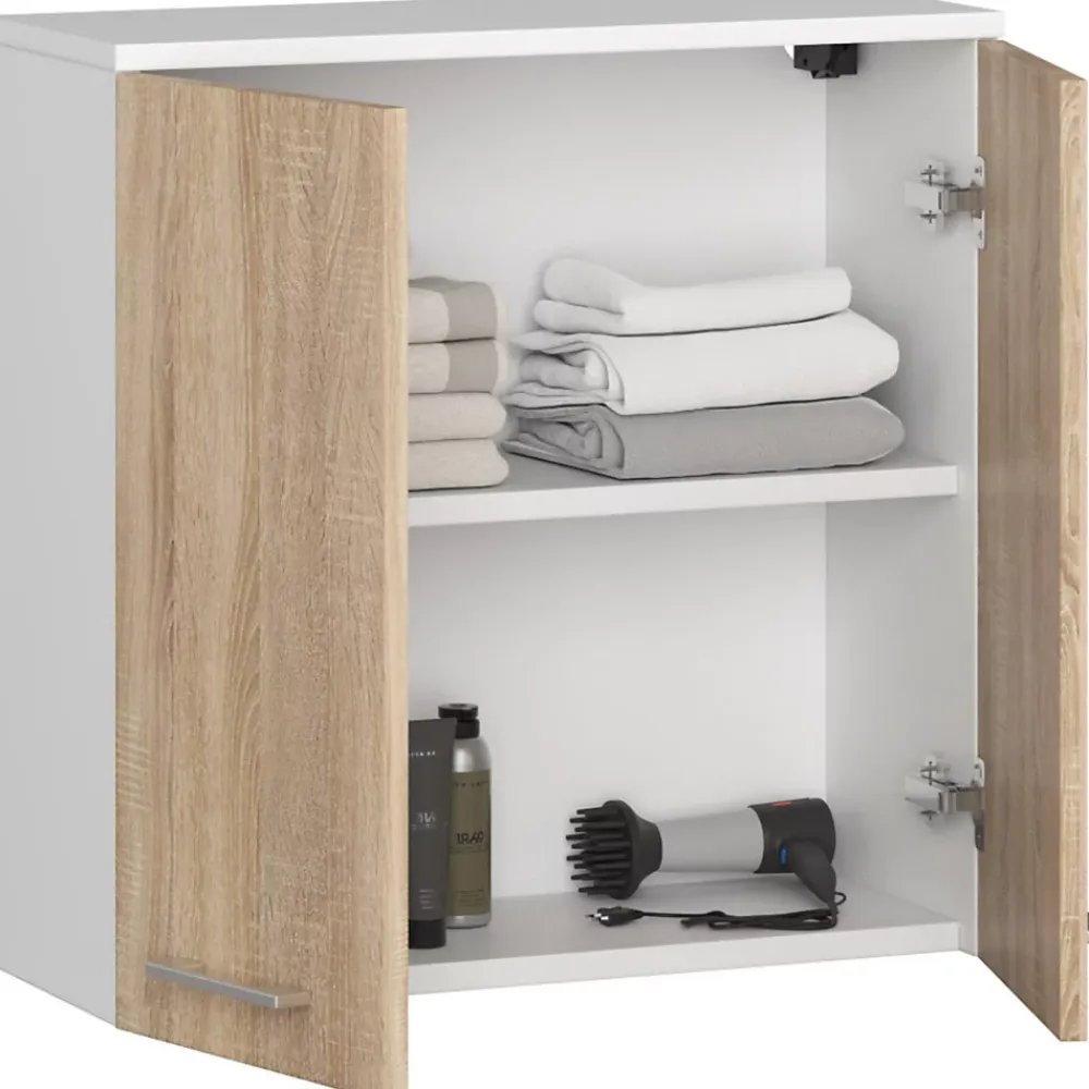 Akord Furniture Factory Armoire salle de bains AKORD FIN Meuble Haut Suspendue Blanche 60 cm 2 portes façade Chêne Sonoma 2 étagères 60x22,5x60 cm