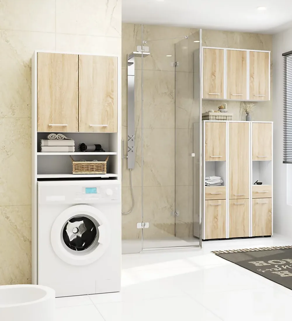 Akord Furniture Factory Armoire salle de bains AKORD FIN Meuble Haut Suspendue Blanche 60 cm 2 portes façade Chêne Sonoma 2 étagères 60x22,5x60 cm