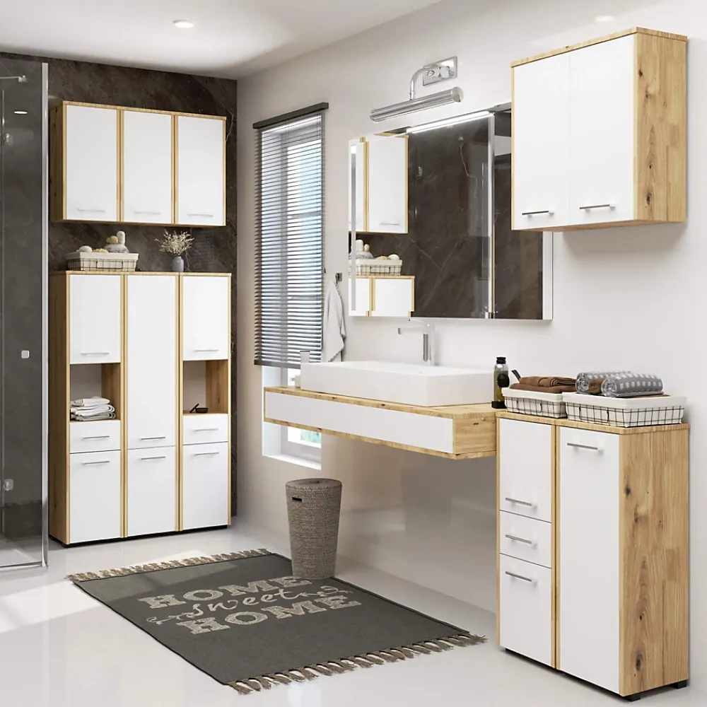 Akord Furniture Factory Armoire salle de bains AKORD FIN accr. au mur Chêne Artisan 60 cm 2 portes façade Blanche 2 étagères 60x22,5x60 cm
