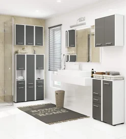 Akord Furniture Factory Armoire salle de bains AKORD FIN Meuble Haut Suspendue Blanche 60 cm 2 portes façade Gris Graphite 2 étagères 60x22,5x60 cm