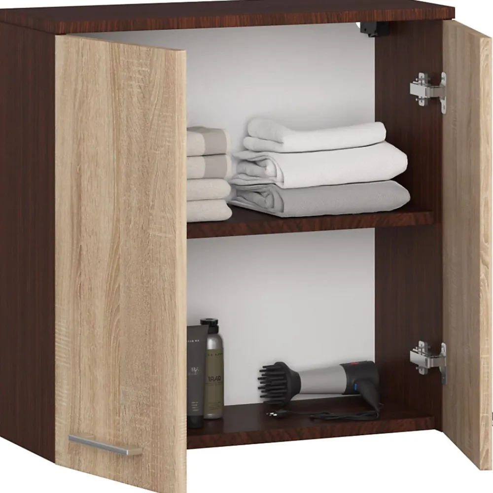 Akord Furniture Factory Armoire salle de bains AKORD FIN Meuble Haut Suspendue Wengé 60 cm 2 portes façade Chêne Sonoma 2 étagères 60x22,5x60 cm