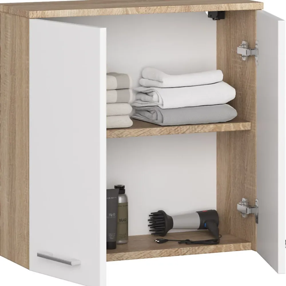 Armoire De Salle De Bains|Akord Furniture Factory Armoire salle de bains AKORD FIN Meuble Haut Suspendue Chêne Sonoma 60 cm 2 portes façade Blanche 2 étagères 60x22,5x60 cm
