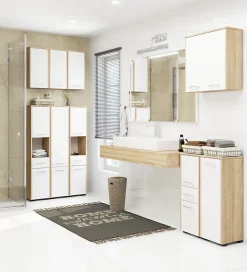 Armoire De Salle De Bains|Akord Furniture Factory Armoire salle de bains AKORD FIN Meuble Haut Suspendue Chêne Sonoma 60 cm 2 portes façade Blanche 2 étagères 60x22,5x60 cm