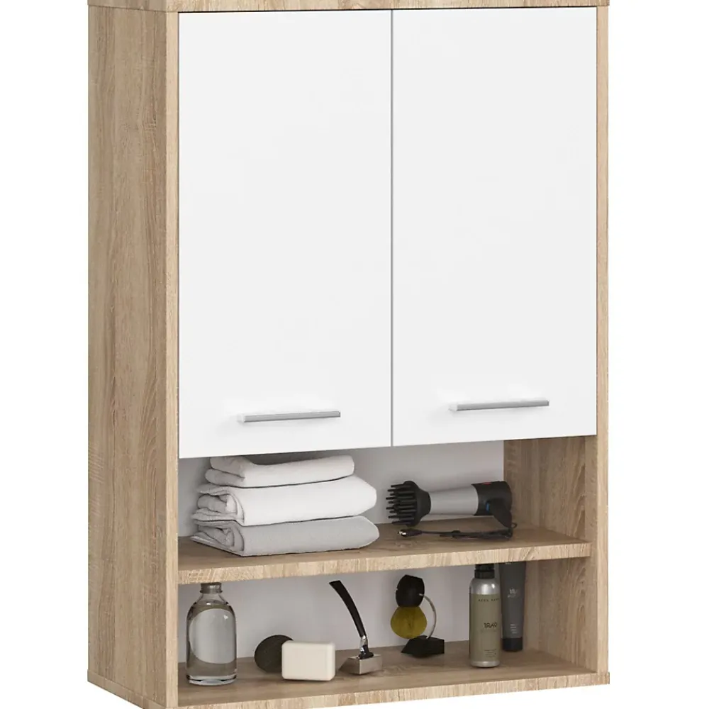 Akord Furniture Factory Armoire salle de bains suspendue AKORD FIN Chêne Sonoma 64 cm 2 portes façade Blanche 4 étagères 64x30x94 cm