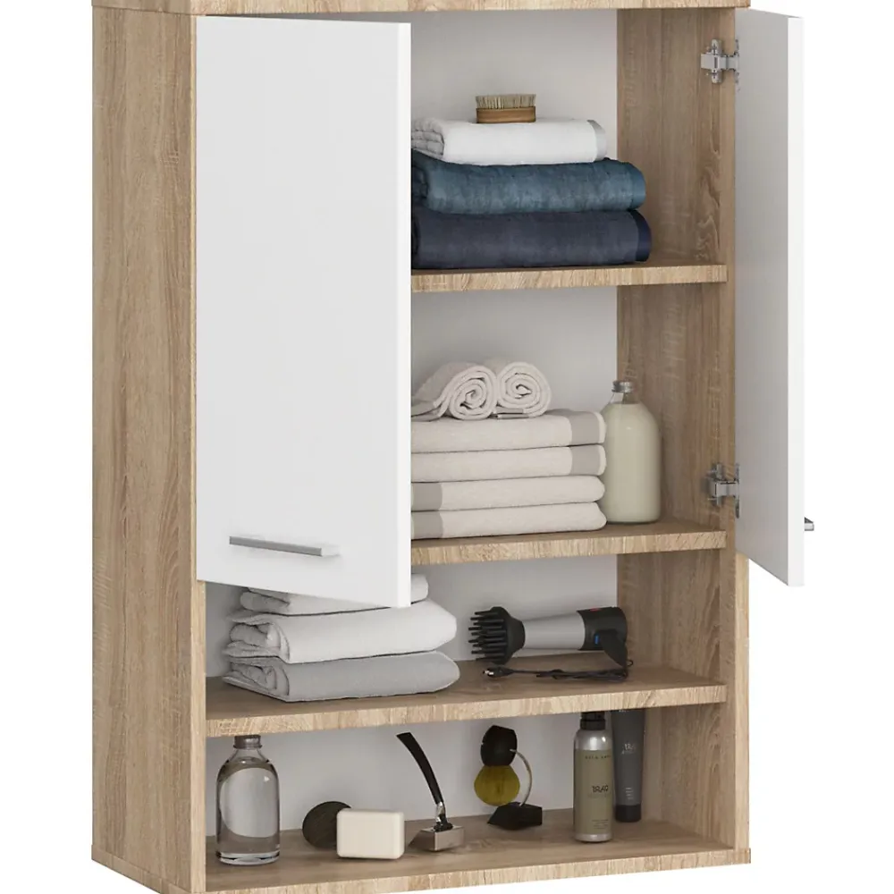Akord Furniture Factory Armoire salle de bains suspendue AKORD FIN Chêne Sonoma 64 cm 2 portes façade Blanche 4 étagères 64x30x94 cm