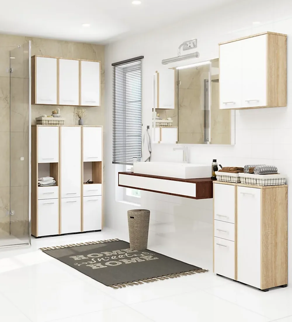 Akord Furniture Factory Armoire salle de bains suspendue AKORD FIN Chêne Sonoma 64 cm 2 portes façade Blanche 4 étagères 64x30x94 cm