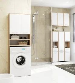 Akord Furniture Factory Armoire salle de bains suspendue AKORD FIN Chêne Sonoma 64 cm 2 portes façade Blanche 4 étagères 64x30x94 cm