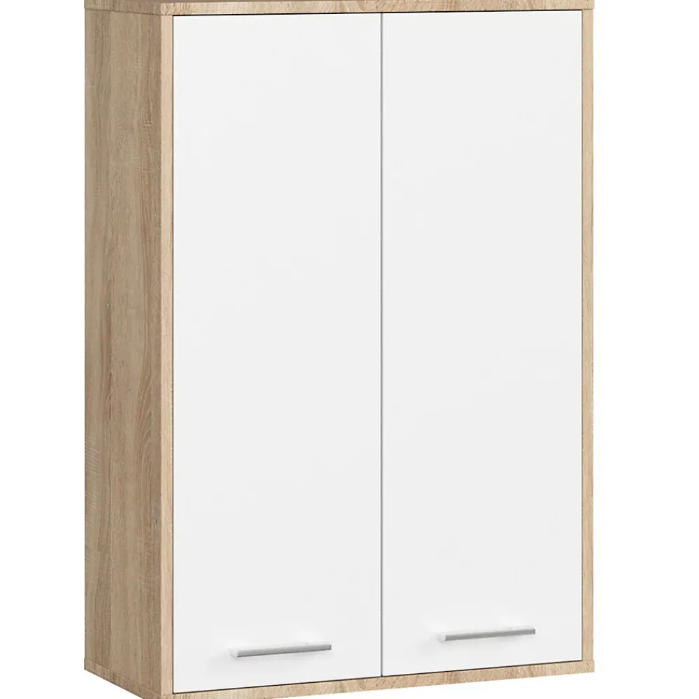 Armoire De Salle De Bains|Akord Furniture Factory Armoire salle de bains suspendue AKORD FIN Chêne Sonoma 64 cm 2 portes pleine Blanche 4 étagères 64x30x94 cm