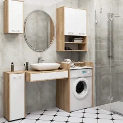 Armoire De Salle De Bains|Akord Furniture Factory Armoire salle de bains suspendue AKORD FIN Chêne Sonoma 64 cm 2 portes pleine Blanche 4 étagères 64x30x94 cm