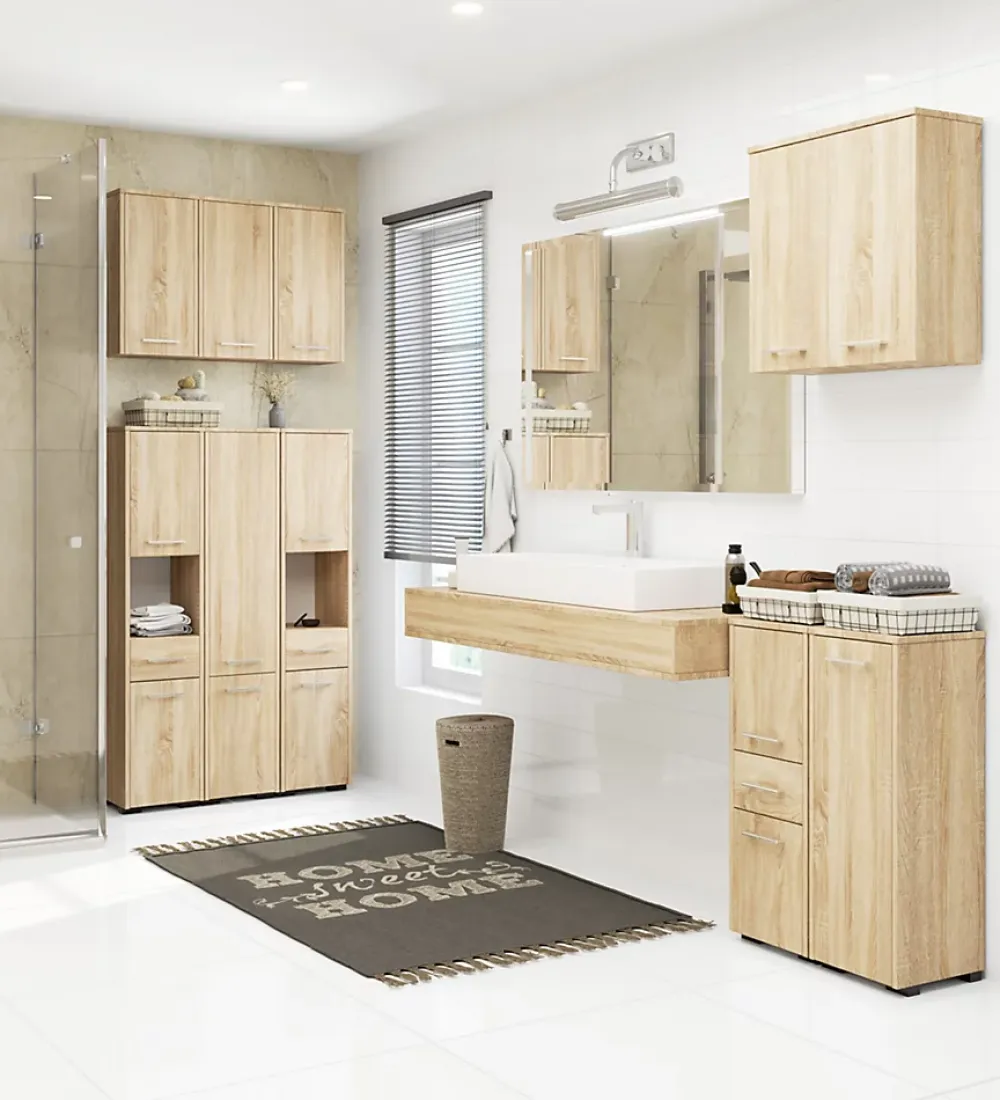 Akord Furniture Factory Armoire salle de bains suspendue AKORD FIN Chêne Sonoma 64 cm 2 portes façade Chêne Sonoma 4 étagères 64x30x94 cm