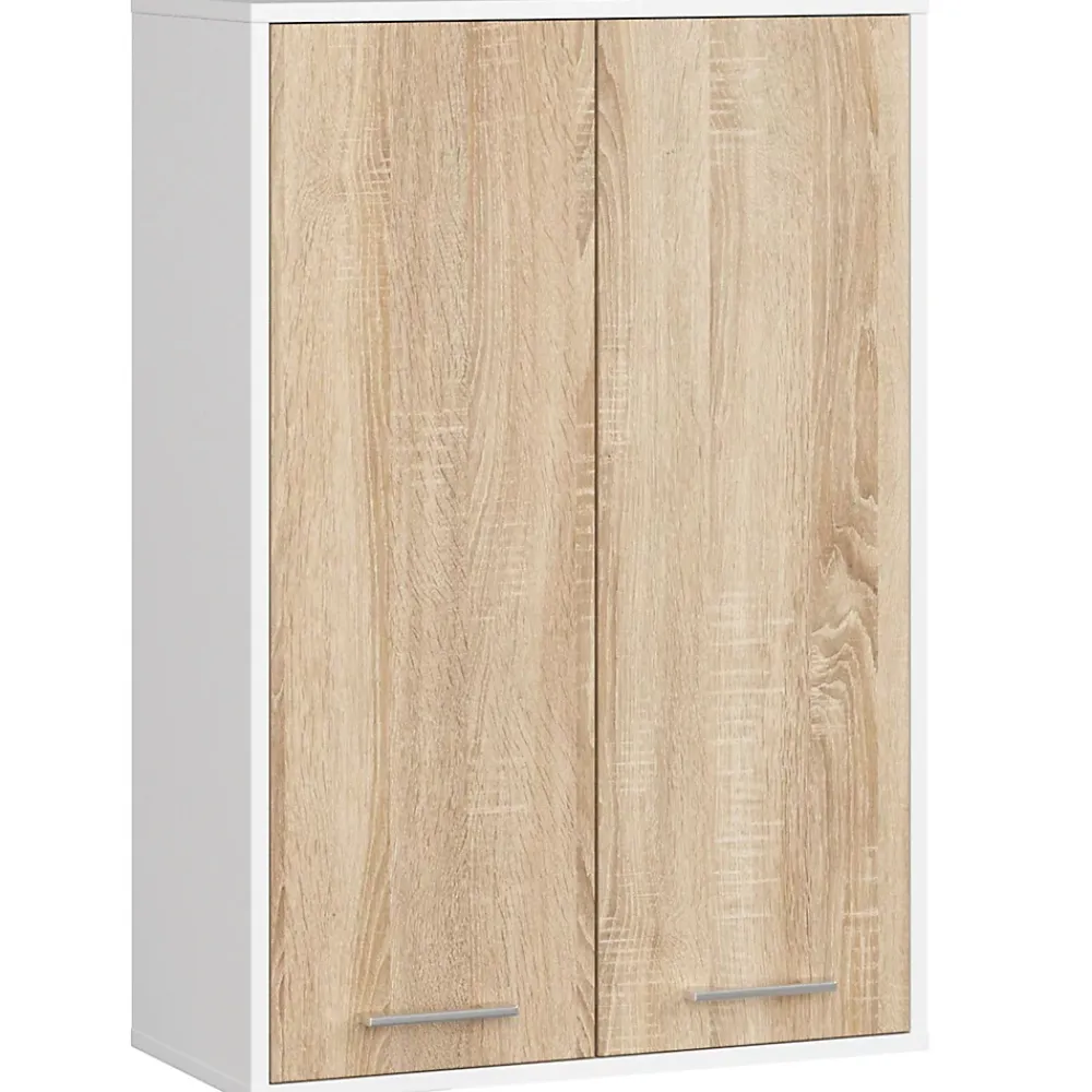 Armoire De Salle De Bains|Akord Furniture Factory Armoire salle de bains suspendue AKORD FIN Blanche 64 cm 2 portes pleine Chêne Sonoma 4 étagères 64x30x94 cm