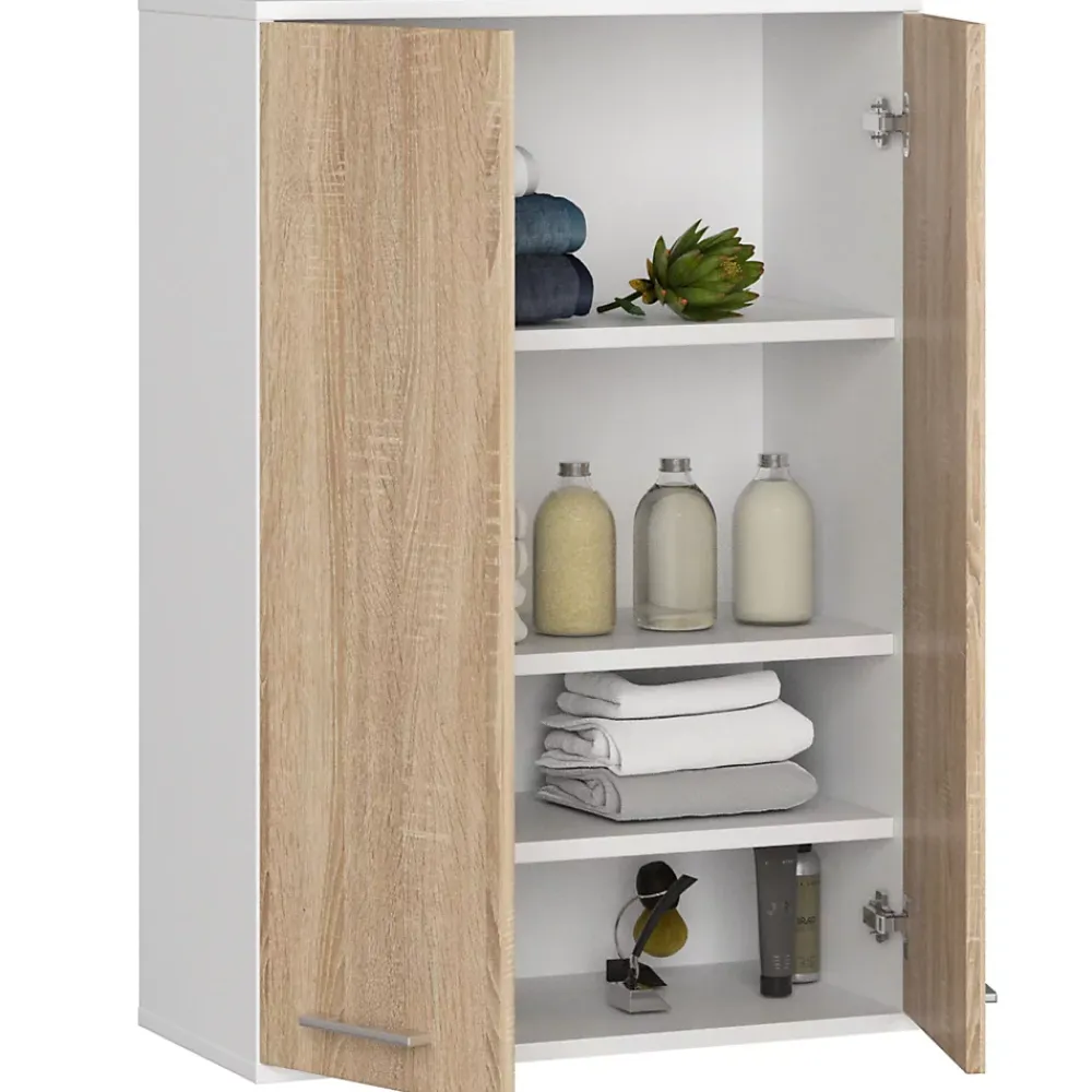 Armoire De Salle De Bains|Akord Furniture Factory Armoire salle de bains suspendue AKORD FIN Blanche 64 cm 2 portes pleine Chêne Sonoma 4 étagères 64x30x94 cm