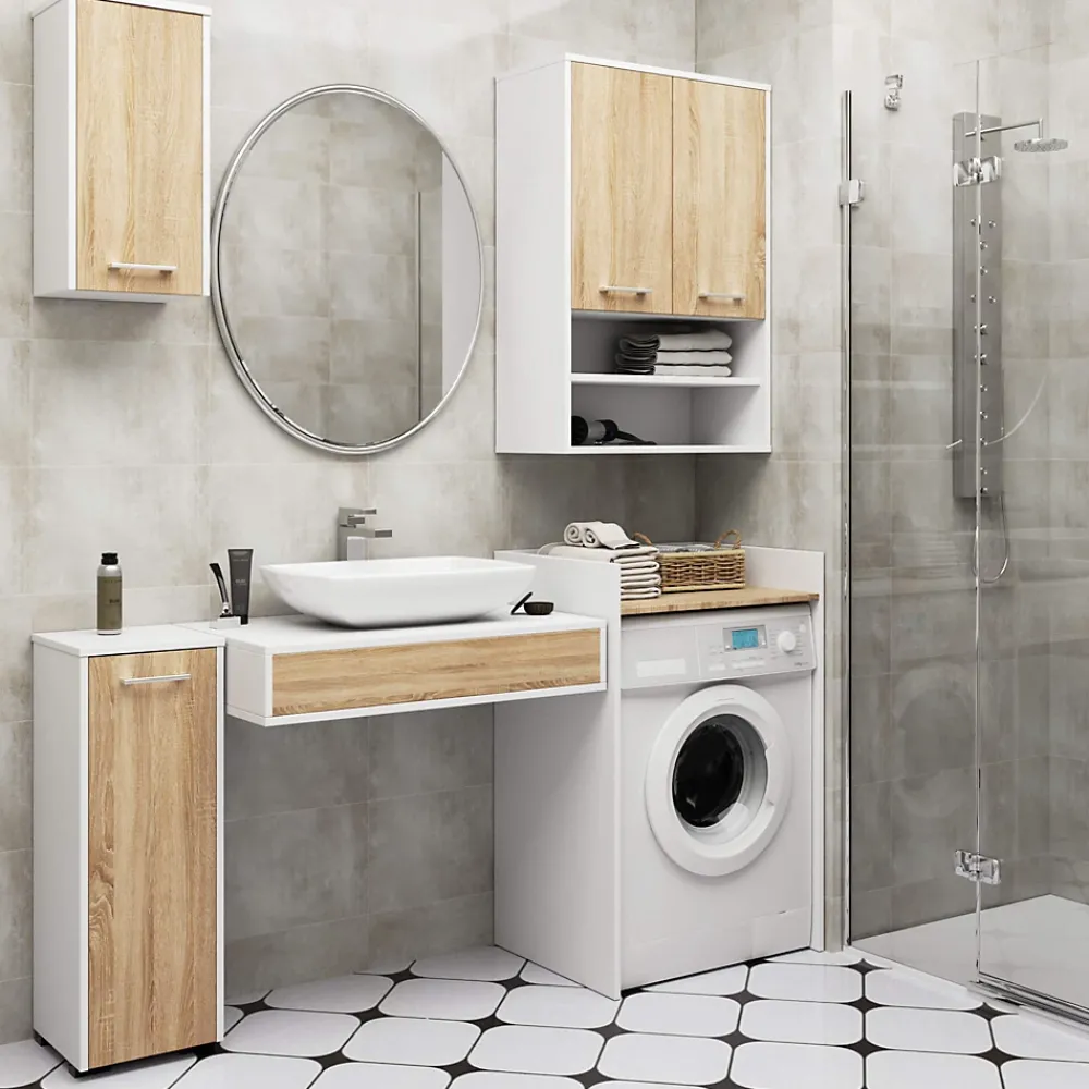 Armoire De Salle De Bains|Akord Furniture Factory Armoire salle de bains suspendue AKORD FIN Blanche 64 cm 2 portes pleine Chêne Sonoma 4 étagères 64x30x94 cm