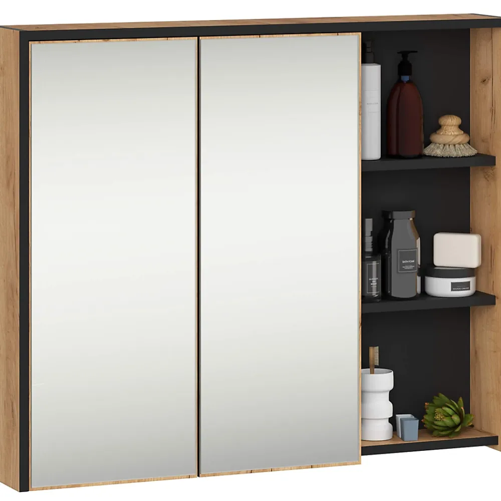 Armoire De Salle De Bains|Akord Furniture Factory Armoire salle de bains VAMI suspendu avec miroir Chêne Craft 90 cm 2 portes façade Noire 6 étagères 90x15x75 cm