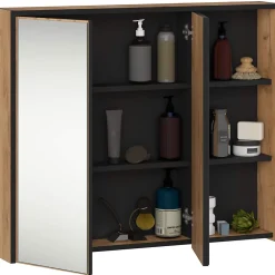 Armoire De Salle De Bains|Akord Furniture Factory Armoire salle de bains VAMI suspendu avec miroir Chêne Craft 90 cm 2 portes façade Noire 6 étagères 90x15x75 cm