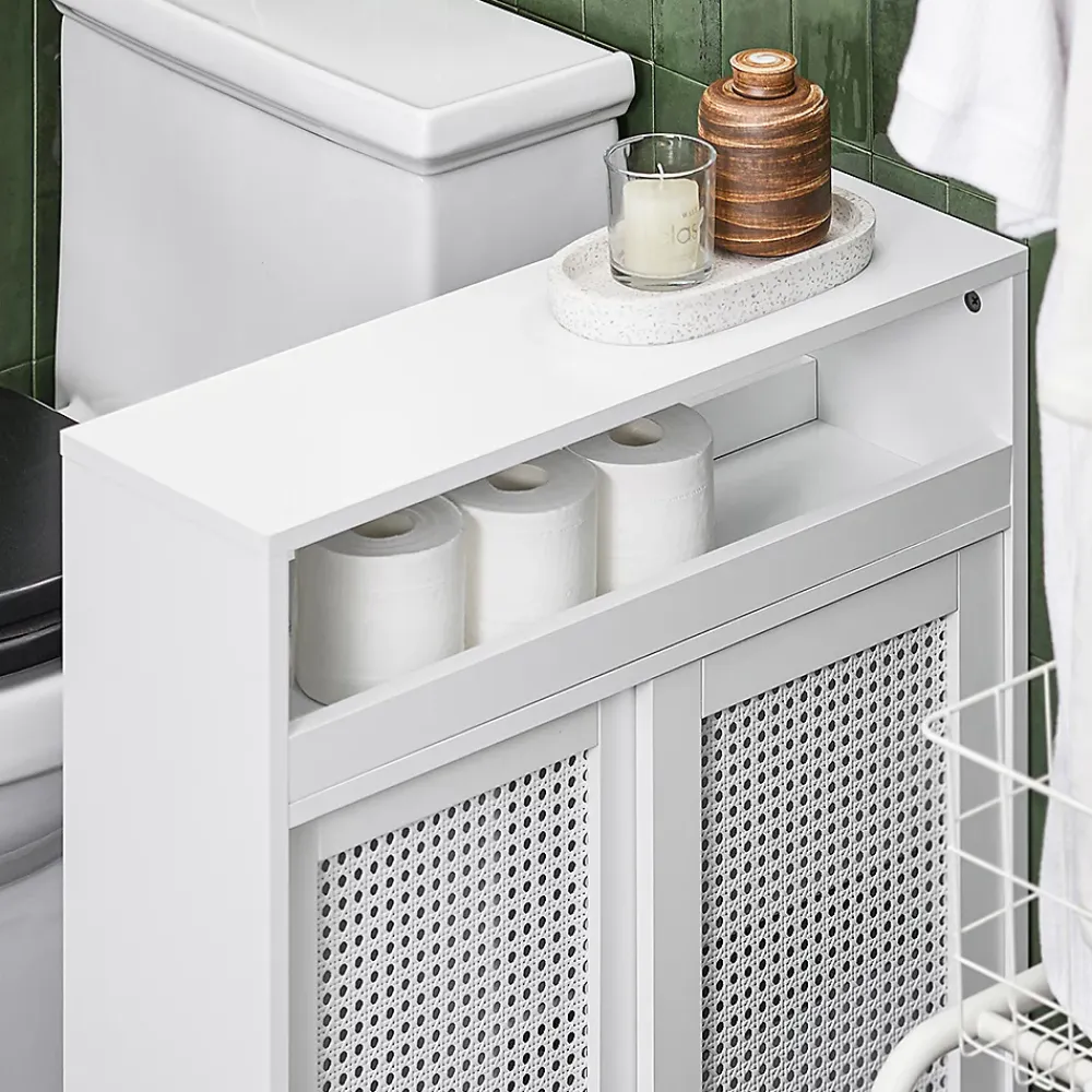 Armoire De Salle De Bains|Sobuy Armoire WC Toilettes Compact Roulante avec 2 Portes Coulissantes, BZR119-W,