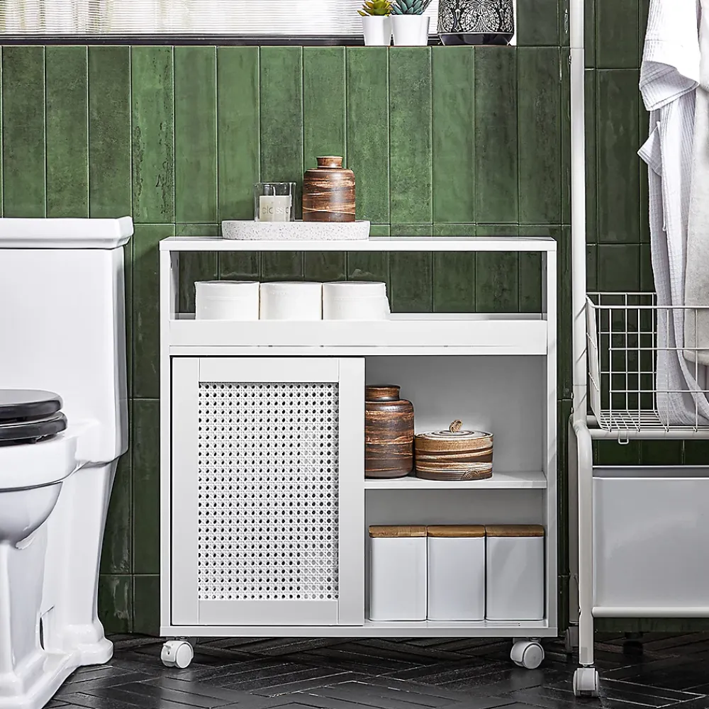 Armoire De Salle De Bains|Sobuy Armoire WC Toilettes Compact Roulante avec 2 Portes Coulissantes, BZR119-W,
