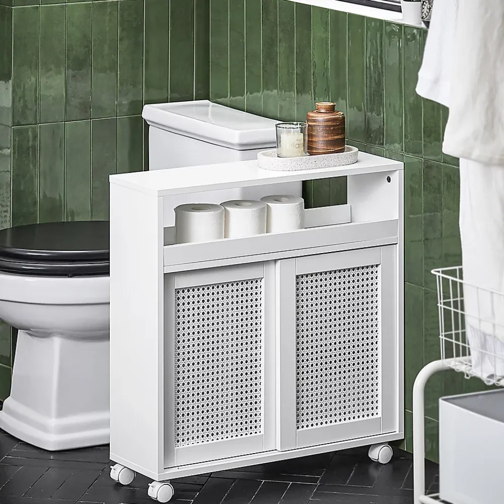Armoire De Salle De Bains|Sobuy Armoire WC Toilettes Compact Roulante avec 2 Portes Coulissantes, BZR119-W,