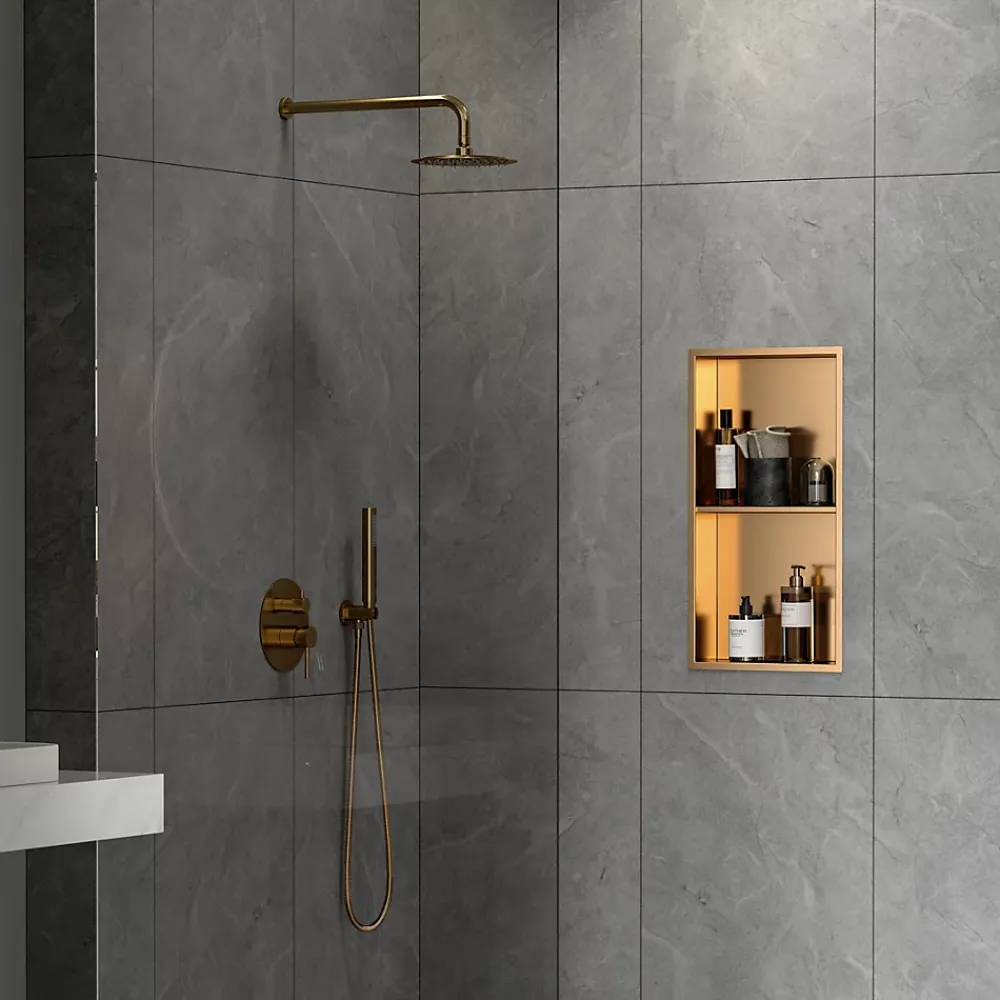 Etagère Salle De Bains|Swiss Aqua Technologies Aurum Niche de Douche à encastrer, Acier Inoxydable 304, 2 étagères, 60x30x10cm, Cuivre brossé PVD (SATAURN6030SBRG)