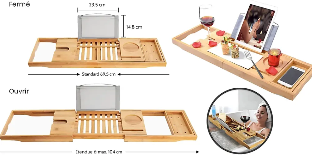 Baignoire Îlot|Badland Baignoire à poser îlot ROSSA 170x80 + tablette de bain en bambou + appuie-tête KODI + Vidage à chromé