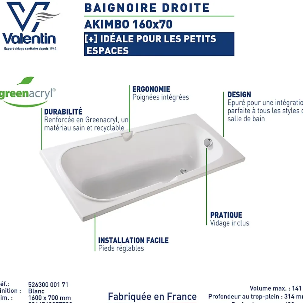Valentin Baignoire 160 x 70 cm Akimbo sans tablier
