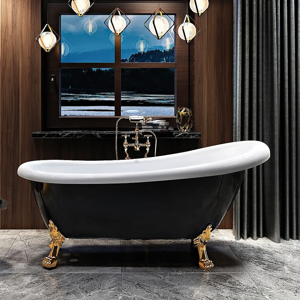 Baignoire Îlot|Rogier & Mothes Baignoire ancienne retro sur pieds RICHMOND Noire 171 cm Pieds de Lion Bronze jaune vieilli