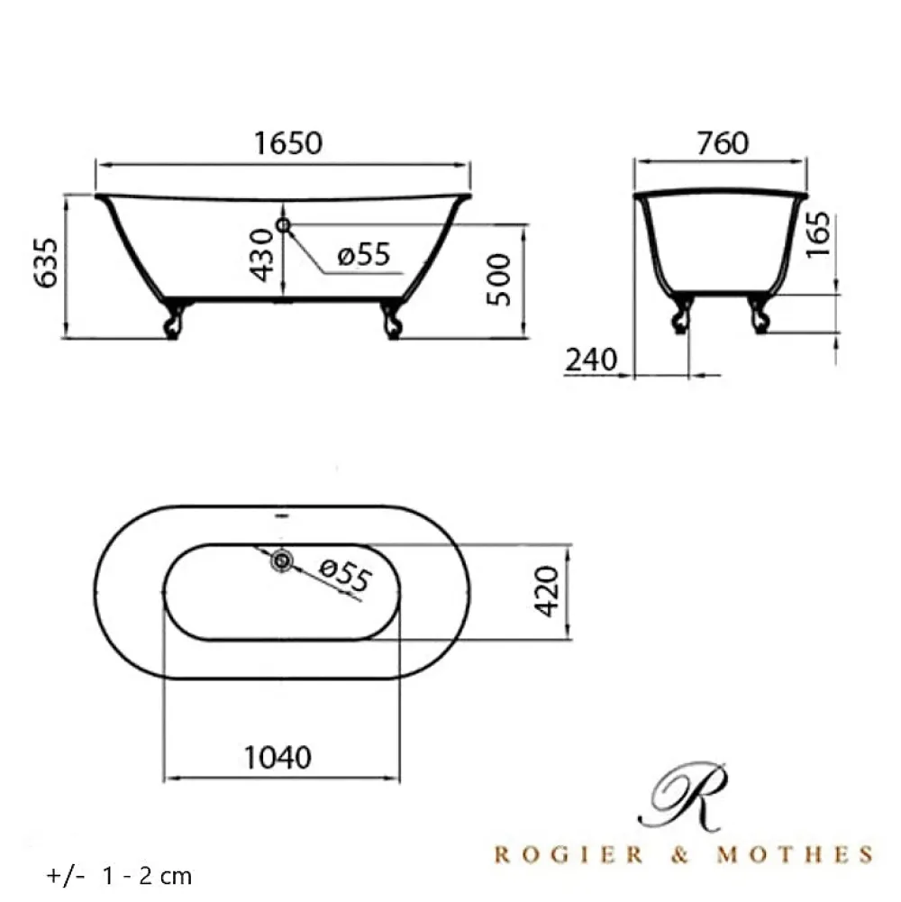 Rogier & Mothes Baignoire ancienne retro sur pieds SURRY HILLS Blanche 165 cm Pieds d'Aigle Blancs