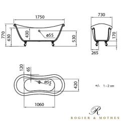 Baignoire Îlot|Rogier & Mothes Baignoire ancienne retro sur pieds DARLINGTON Blanche 175 cm Pieds d'Aigle Cuivre rouge vieilli
