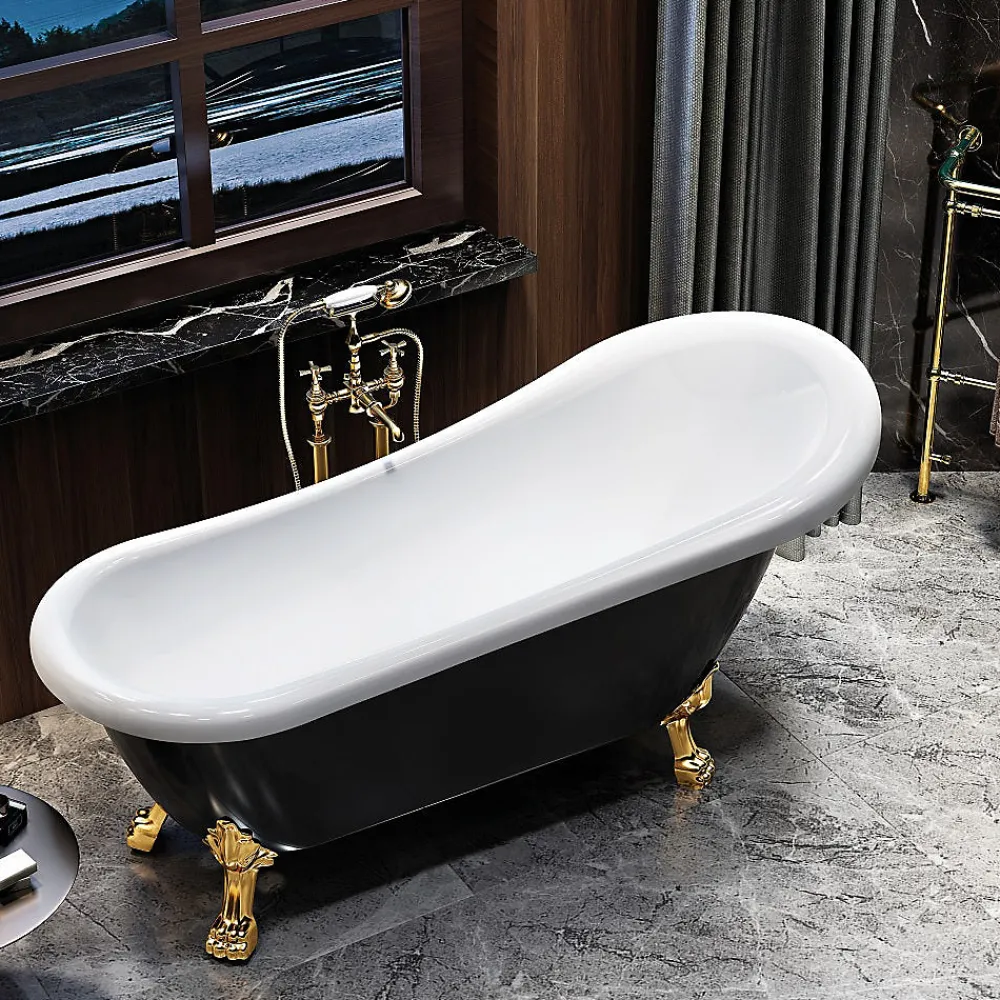 Baignoire Îlot|Rogier & Mothes Baignoire ancienne retro sur pieds RICHMOND Noire 171 cm Pieds d'Aigle Bronze jaune vieilli