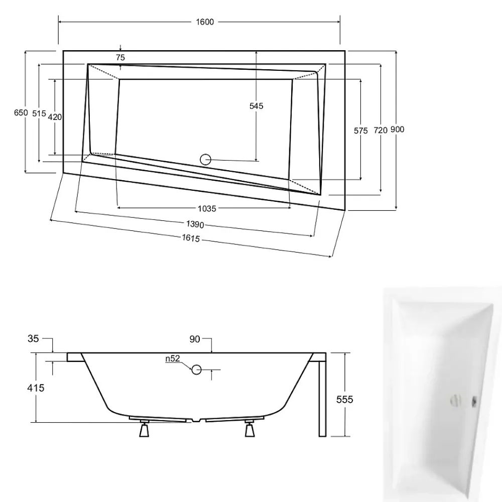 Baignoire Asymétrique|Besco Baignoire asymétrique + tablier blanc + repose tête - INTIMA - 160 x 90 cm - Droite