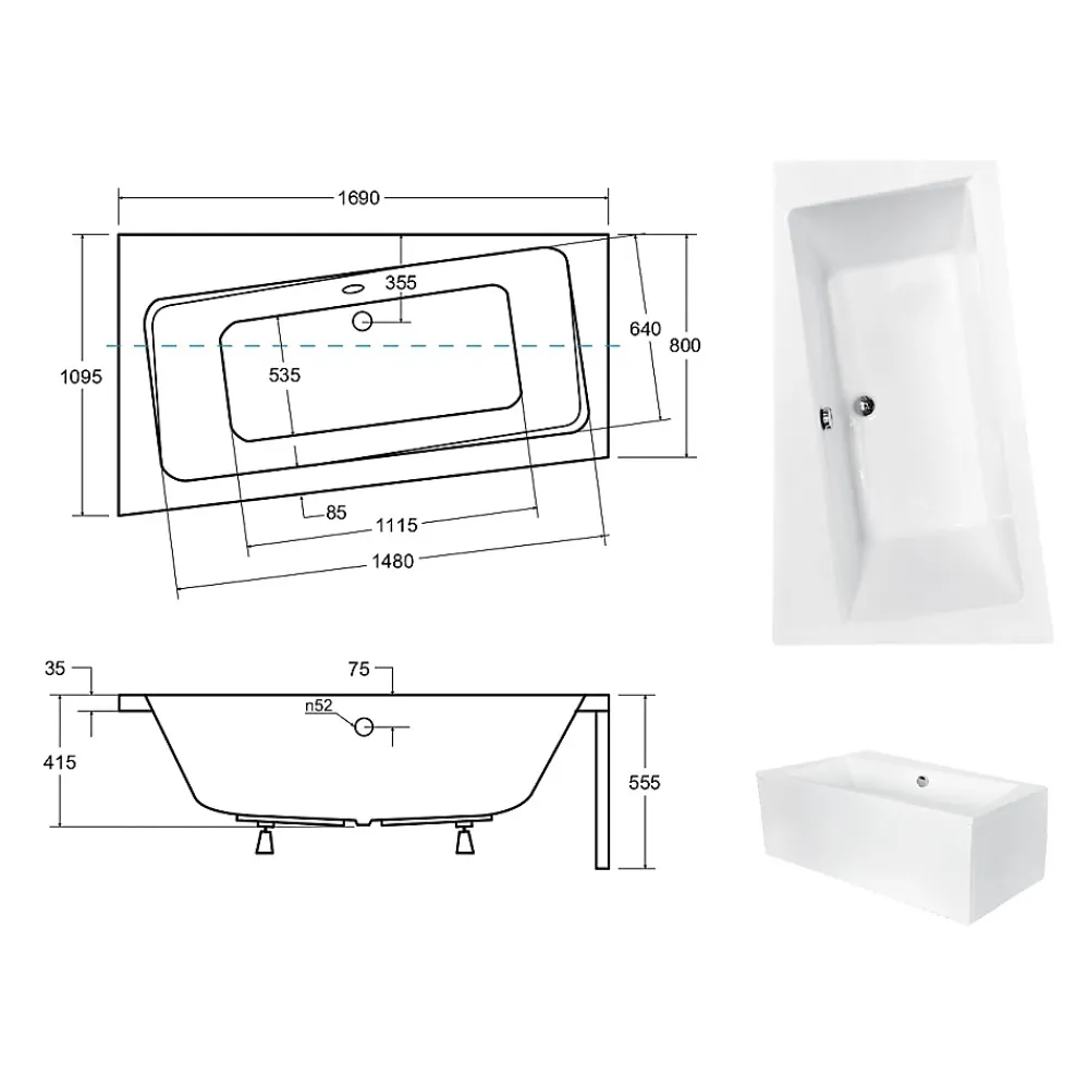 Besco Baignoire asymétrique + tablier blanc + repose tête - INFINITY - 170 x 110 cm - Gauche
