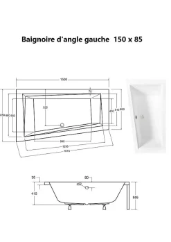 Baignoire Asymétrique|Besco Baignoire asymétrique + tablier noir + repose tête - INTIMA - 150 x 85 cm - Gauche