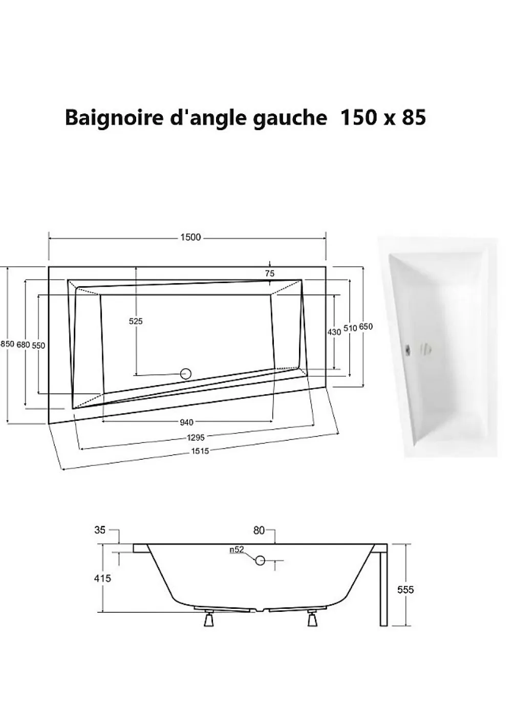 Baignoire Asymétrique|Besco Baignoire asymétrique + tablier noir + repose tête - INTIMA - 150 x 85 cm - Gauche