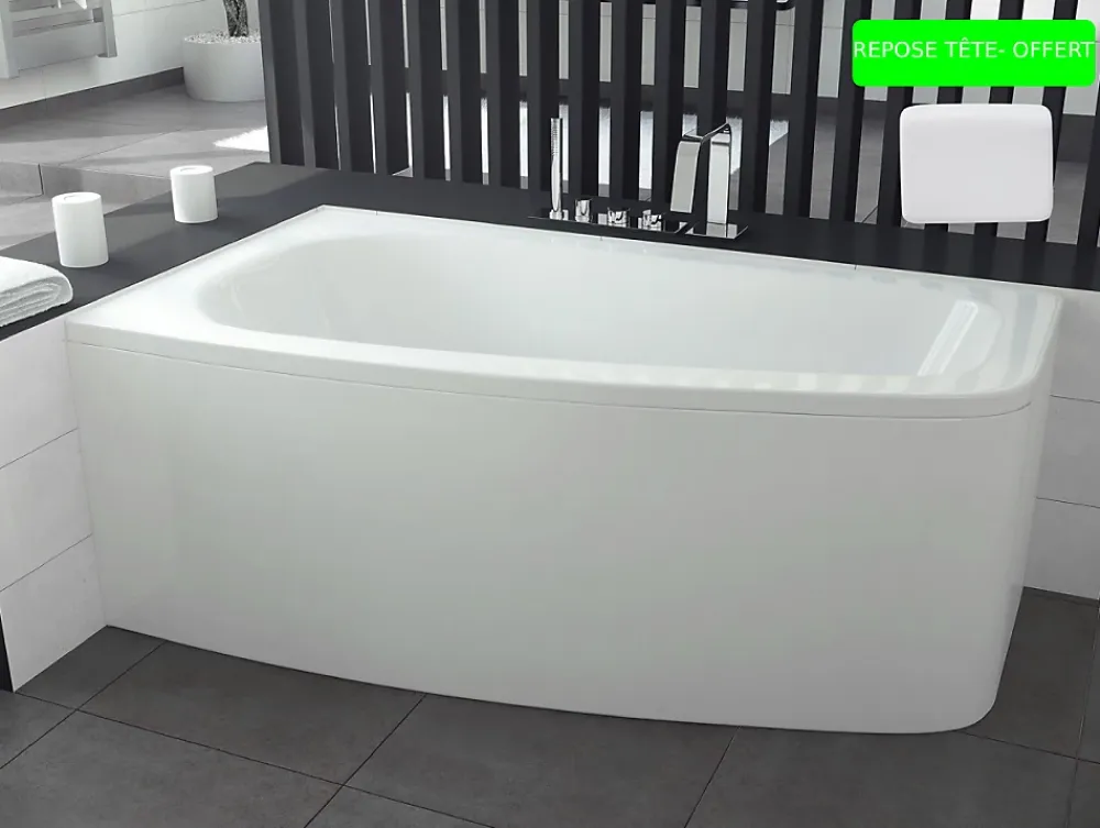 Baignoire Asymétrique|Besco Baignoire asymétrique + tablier blanc + repose tête - LUNA - 150 x 80 cm - Gauche