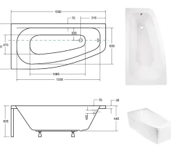 Baignoire Asymétrique|Besco Baignoire asymétrique + tablier blanc + repose tête - LUNA - 150 x 80 cm - Gauche
