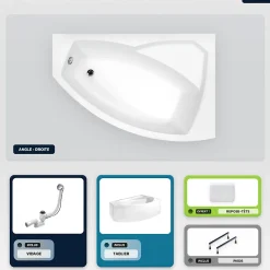 Besco Baignoire asymétrique - 150 x 95 cm - Droite - avec Tablier - Pieds - Repose-tête - Vidage Chrome - RIMA