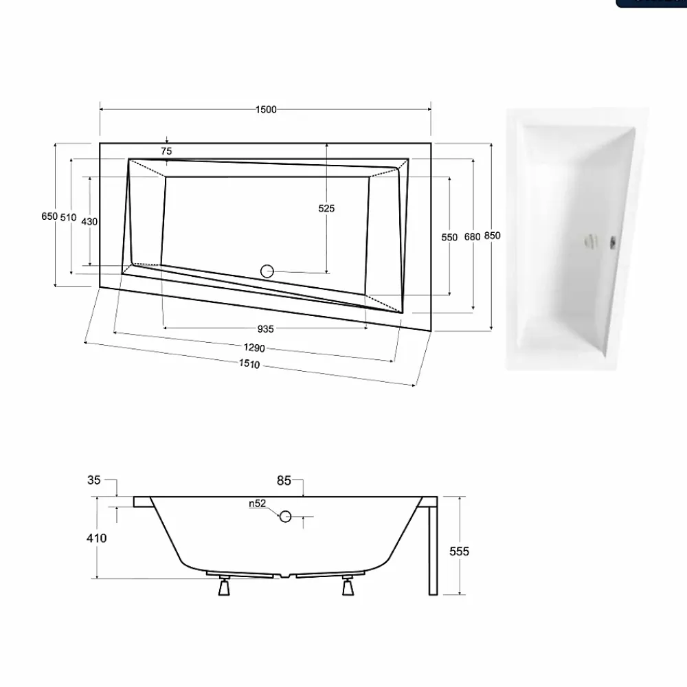 Besco Baignoire asymétrique - 150 x 85 cm - Droite - sans Habillage - avec Pieds - Repose-tête - Étagère bambou - Vidage Chrome - INTIMA