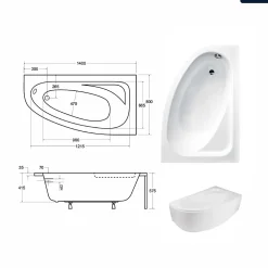 Baignoire Asymétrique|Besco Baignoire asymétrique - 140 x 80 cm - Droite- avec Tablier Blanc - Pieds - Vidage Chrome - CORNEA